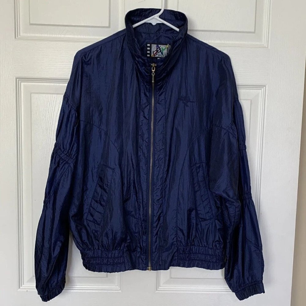 River Edge Men’s Medium Blue Sport Track Jacket Windbreaker 80’s